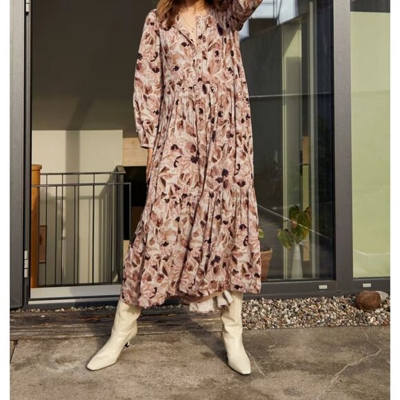 Wilfred Pink and Tan Buttoned Maxi Dress with Bishop Sleeves - Picture 1 of 11